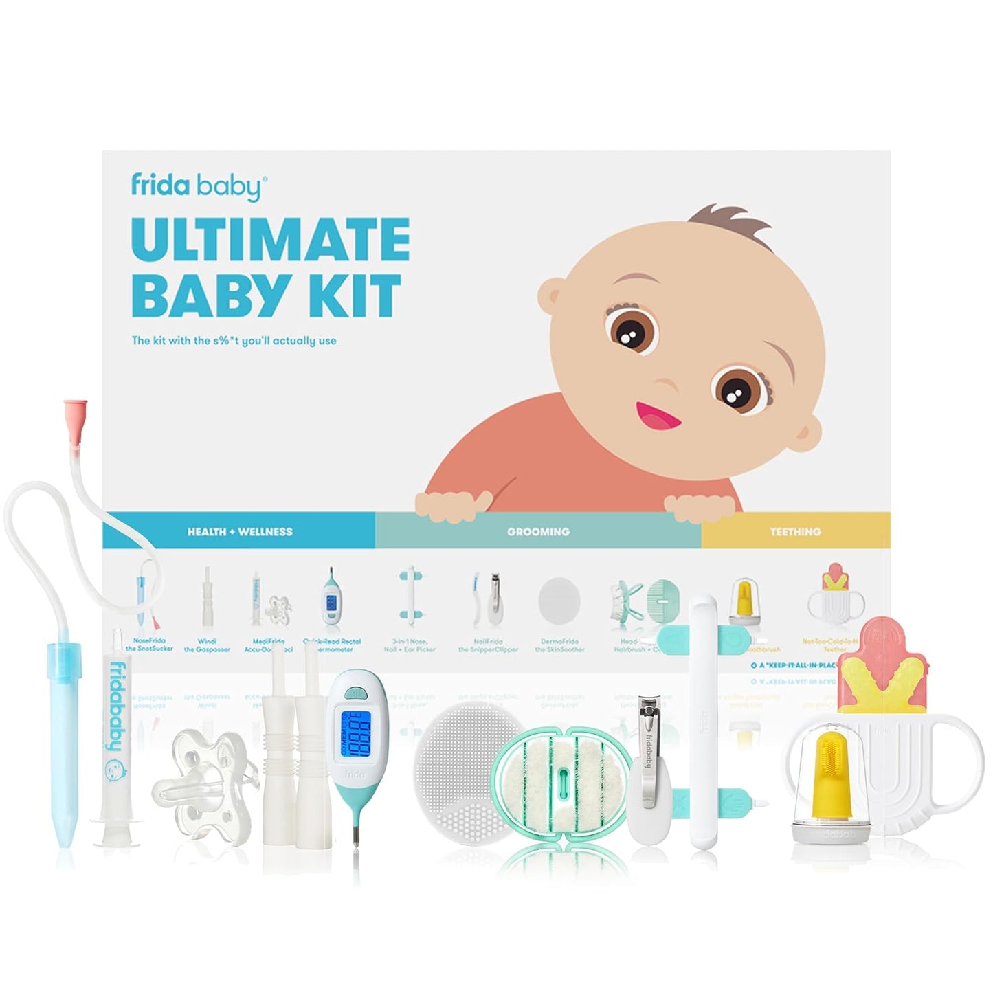 Frida Baby Ultimate Baby Kit, 10 piece New Born Essentials Gift Set Includes Wellness Sick Day, Gas Relief, Grooming Tools & Teething Toys
