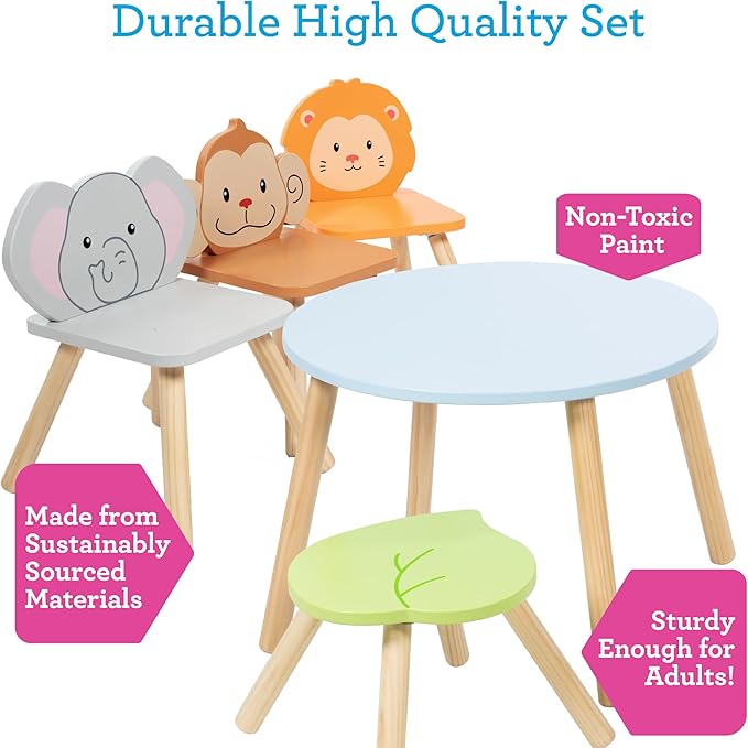 Kids Wooden Animal Table & Chair Set w 4 Seats- Monkey Lion & Elephant Plus Adult Stool for Arts Crafts, Dining, Pretend Play- Durable Playroom Furniture for Home, Daycare Classroom- Toddler Gift