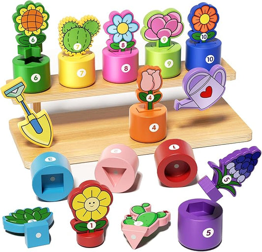 GJZZ Wooden Pretend Play Flower Garden Set with Stand - Montessori Shape and Color Sorting Toys for 2 3 Year Old Girls Boys Birthday Gifts, Number Cognition for Toddler Kids, Fine Motor Skills