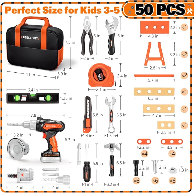 50PCS Kids Tool Set for Boys Ages 3 4 5 6 Years Old - Pretend Play Construction Tool Kits with Portable Tool Bag & Electronic Toy Drill, Toddler Tool Set, Christmas & Birthday Gifts for Boys