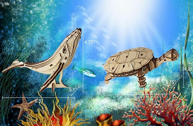 3D Wooden Sea Animal Puzzle - 6 Piece Set Wood Sea Animals Skeleton Assembly Model Kits - Wooden Crafts DIY Brain Teaser Puzzle - STEM Toys Gifts for Adults & Teens Birthday Gifts Christmas