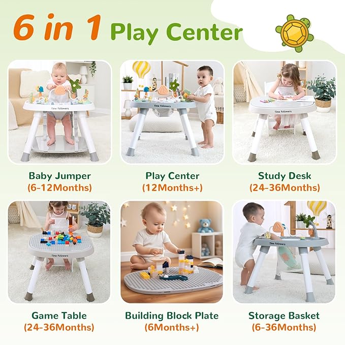 Time Followers® 6-in-1 Baby Activity Center | Jumpers and Bouncers | 4 Stage Grow Stationary Standing Toddler Play Table | Shower Gift | Infant Essential for Baby Ages 6-36Month (White)