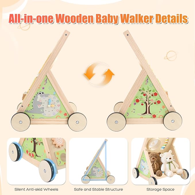 Wooden Baby Walker with Wheels Push Walker for Babies 6-12 Months Toddlers Montessori Walking Toys for 1 Year Old Learning to Walk Activity Center for 12-18 Months Boys Girls Gifts Color Sorting Toys