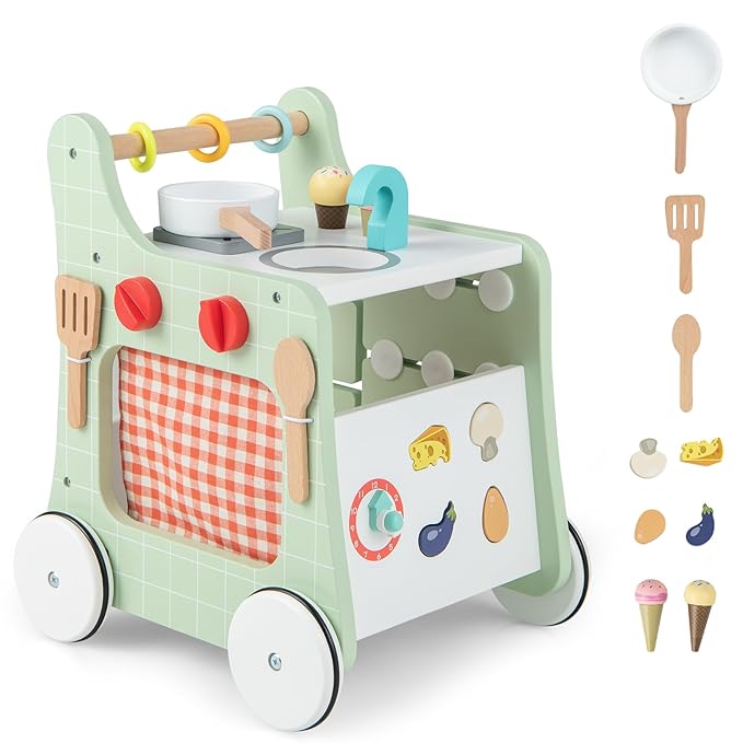 BABY JOY 6 in 1 Wooden Baby Walker, Toddler Pretend Play Kitchen Playset, Push and Pull Sit-to-Stand Learning Walker Activity Center, Montessori Educational Toy, Push Walker for Boys Girls