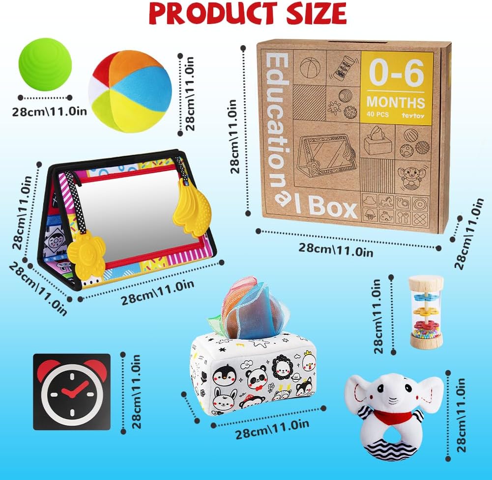 Montessori Toys for Babies 0-6 Months,7 in 1 Newborn Toys Baby Gifts Set Early Learning Toys with Black & White Baby Flashcards,Tummy Time Mirror,Baby Rattle,Sensory Balls,Tissue Box Toys,Rain Stick
