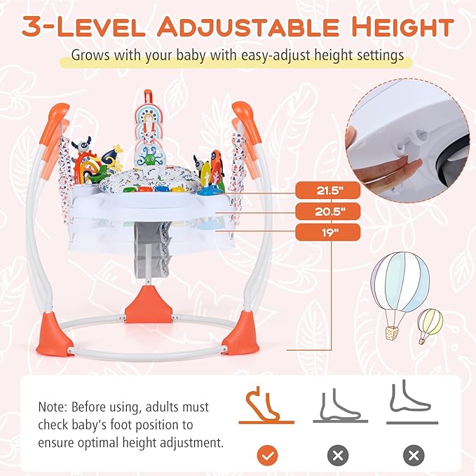 BABY JOY Baby Activity Center, Baby Jumpers and Bouncers with Music, Lights, 360° Rotating Seat, 3 Adjustable Heights, Montessori-Inspired Activity Center for Baby 6 Months + (Orange)