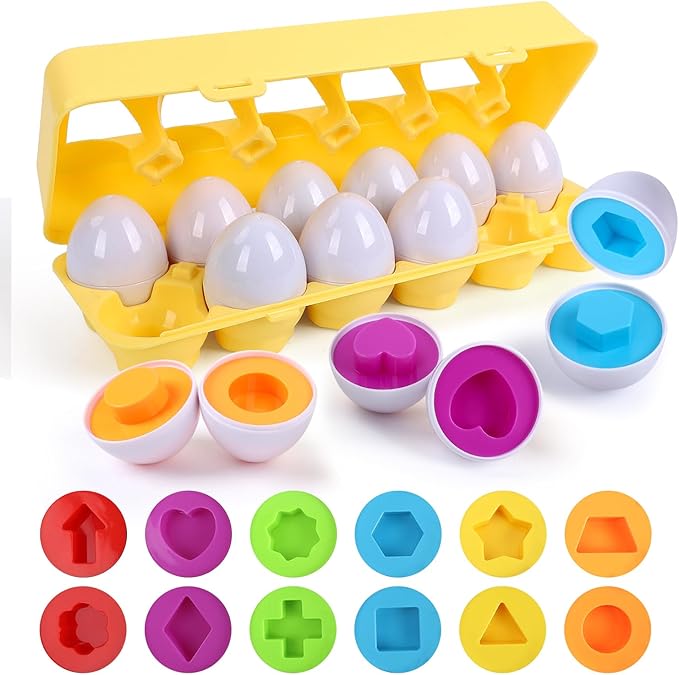 USATDD Matching Eggs for Toddlers Montessori Color & Shape Recognition Toy, Fine Motor Skills Shape Sorter Puzzle, Educational Montessori for Kids,12pcs Eggs Toy