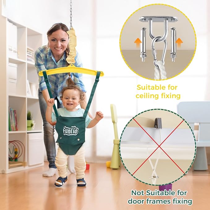 FUNLIO Baby Jumper with a Ceiling Hook for 6-24 Months, Baby Door Jumper for Indoor/Outdoor Play, Infant Jumper Doorway with Adjustable Chain, Easy to Assemble & Store (with a Ceiling Hook) - Green