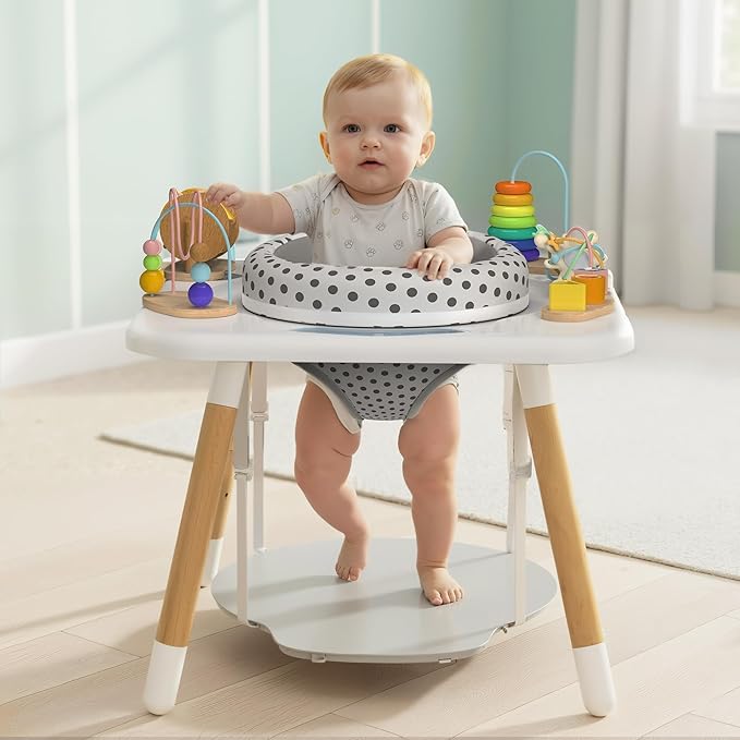 Kizfarm Baby Activity Center, Montessori-Inspired Baby Bouncer with 7 Interactive Toys, 360° Rotating Seat, Wooden Jumper, Play Gym & Toddler Table for Ages 6-36M, Must-Have Shower Gifts