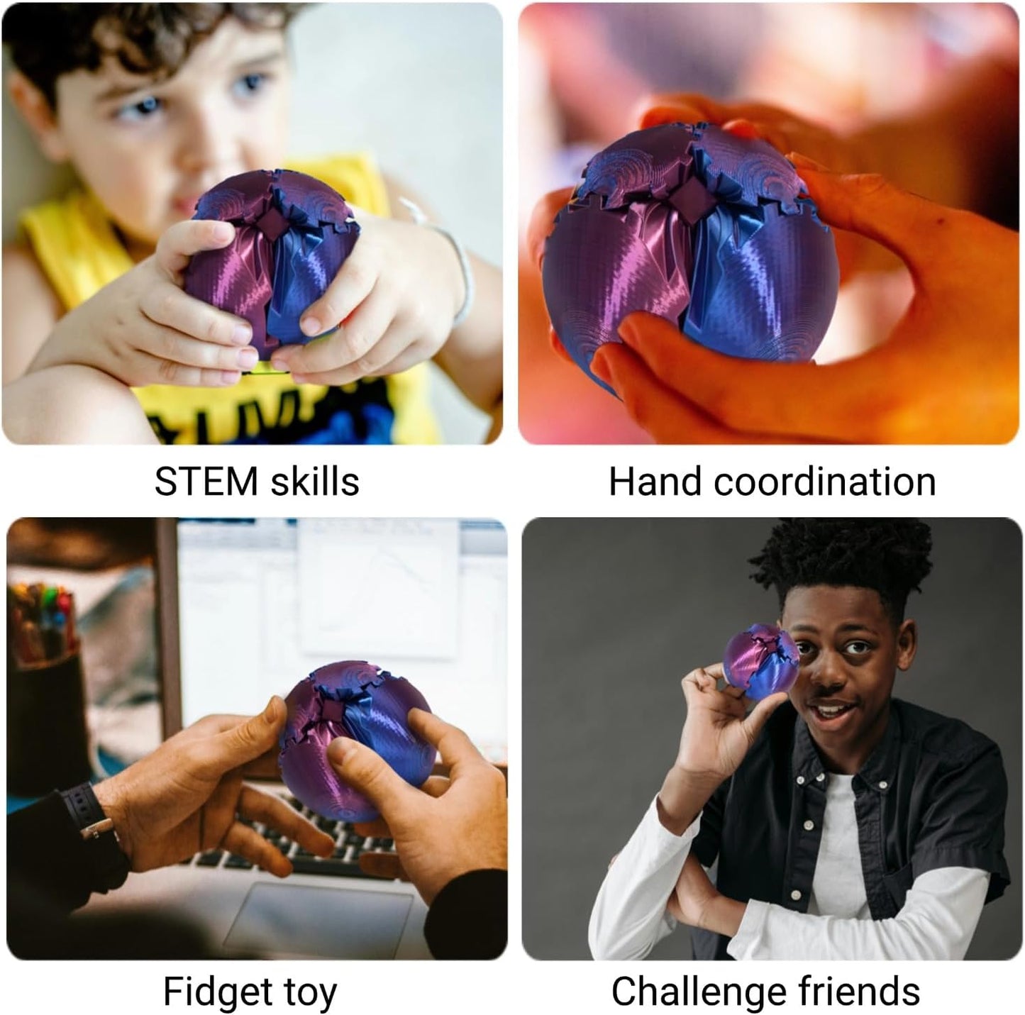 3D Printed Gear Ball, Gear Sphere Fidget Toy Stress Relif Toy for ADHD, Anxiety Relaxing Toy for Adults at Work/Study/Travel, Twisted Blue-Purple