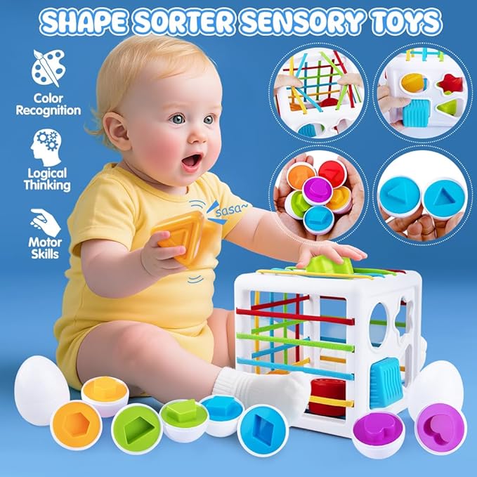 6 in 1 Baby Toys 6 to 12 Months, Montessori Toy for 1 Year Old, Infant Teething Toy Stacking Blocks Cups,Sorting Sensory Bin, Matching Egg Sensory Ball Educational Learning Gift for Toddlers Aged 1-3