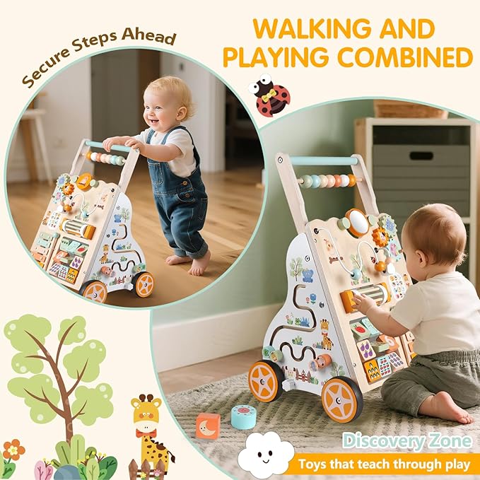 Wooden Baby Walker with Wheels, Push Walker with Baby Activity Center, Montessori Walking Toy for Girls Boys, Ajustable Speed & Height Activity Toy for Toddler Learning to Walk