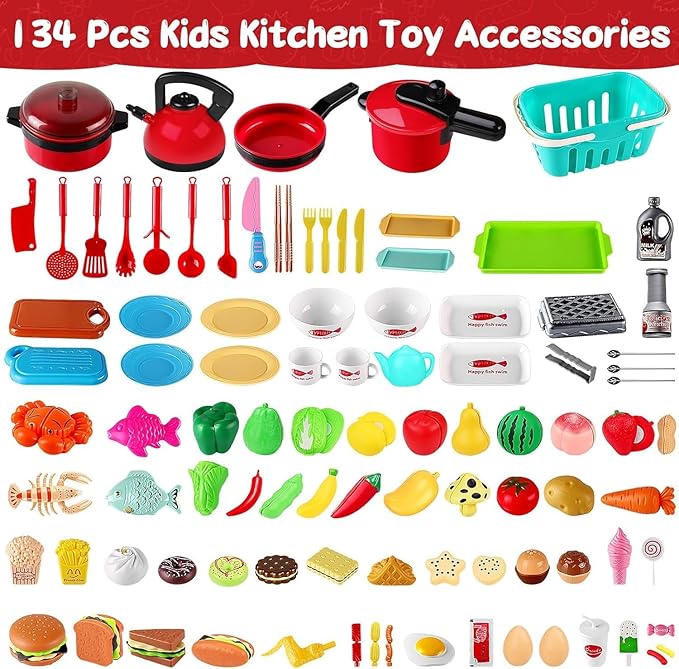 134 Pcs Toy Kitchen Accessories, Toddler Pretend Cooking Toys with BBQ Grill, Pressure Cooker, Kettle, Pots, Pans, Kitchen Playset for Cutting Play Food, Learning Gift for Girls Boys