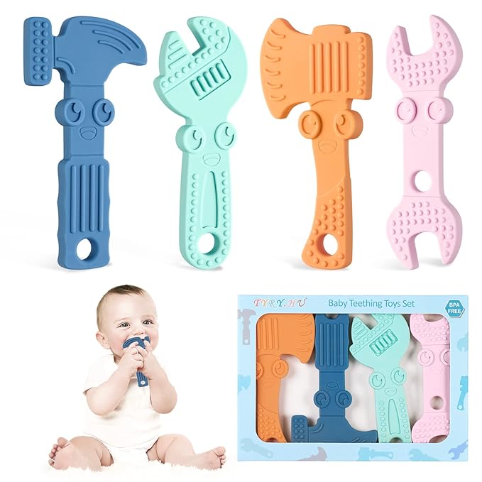 TYRY.HU Baby Teething Toys for Babies, Baby Teether Toys, BPA Free Silicone Baby Molar Teether Chew Toys, Hammer Wrench Spanner Pliers for Boys Girls, Soft-Textured, Easy to Hold & Clean, 4 Packs