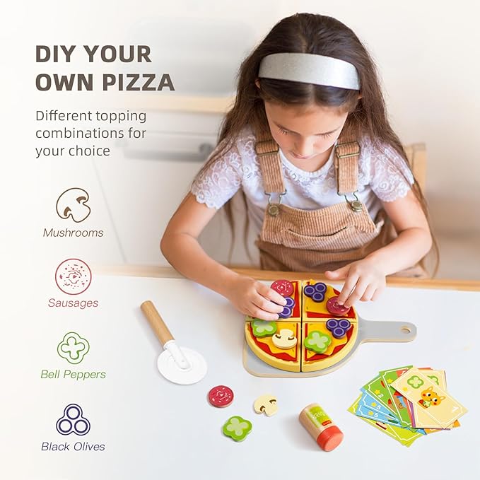 OOOK Wooden Pizza Toy Kids Pizza Counter Playset, Toy Pizza Oven， Montessori Pretend Play Toys with Toy Food, Bake Oven, Role Play Set for 3 4 5 6 Year Old Boys Girls
