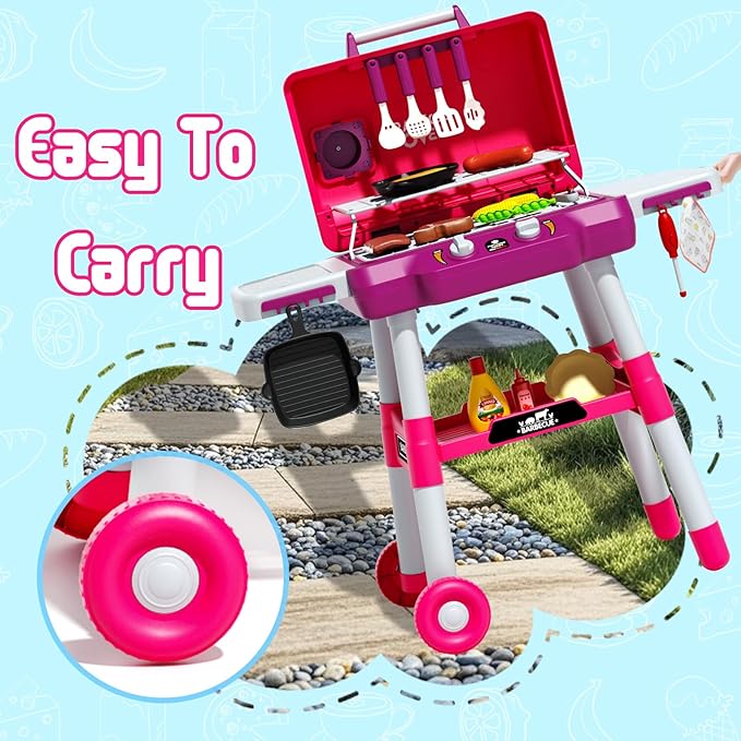 Kid Toy Grill, BBQ Grill Playset with Light Sound, Smoke Effect and 2 Wheels, Pretend Food, Little Chef Play Kitchen Accessories, Christmas Birthday Gifts for Boys Girls Ages 3 4 5 6 7 8