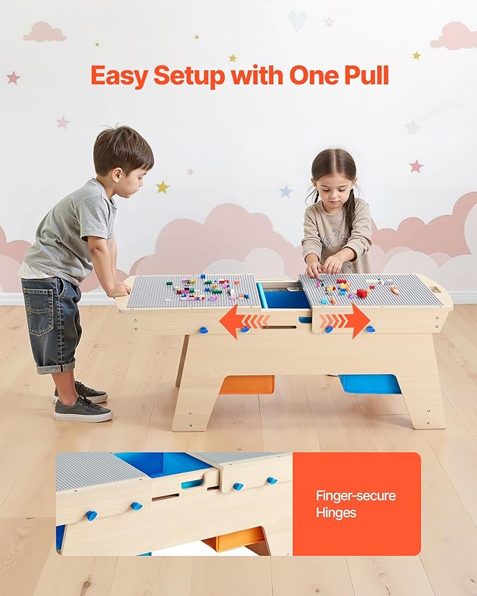 VEVOR Kids Reversible Wooden Activity Table, Multi-Purpose Activity Play Table with 200 Building Bricks & 3 Storage Bins for Kids 3+ Years, Large Storage Space, Present for Boys & Girls, Natural