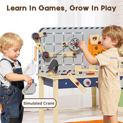 BIERUM Kids Tool Bench - Wooden Toddler Tool Bench with Electric Drill, Kids Workbench Playset with Realistic Tools, Tool Bench for Kids Ages 1-3 3-5, Pretend Play Construction Toy Gift for Toddler