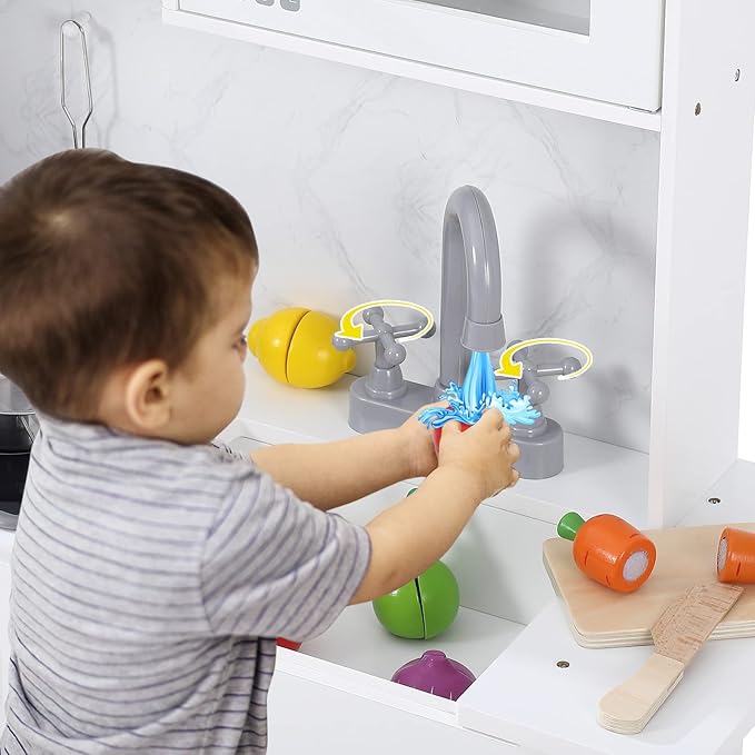 Kids Kitchen Playset,Wooden Play Kitchen Playset with Ice Maker Microwave,Oven and Other Accessories,Chef Pretend Play for Toddlers with Real Lights & Sound,Toy Gift for Boys Girls