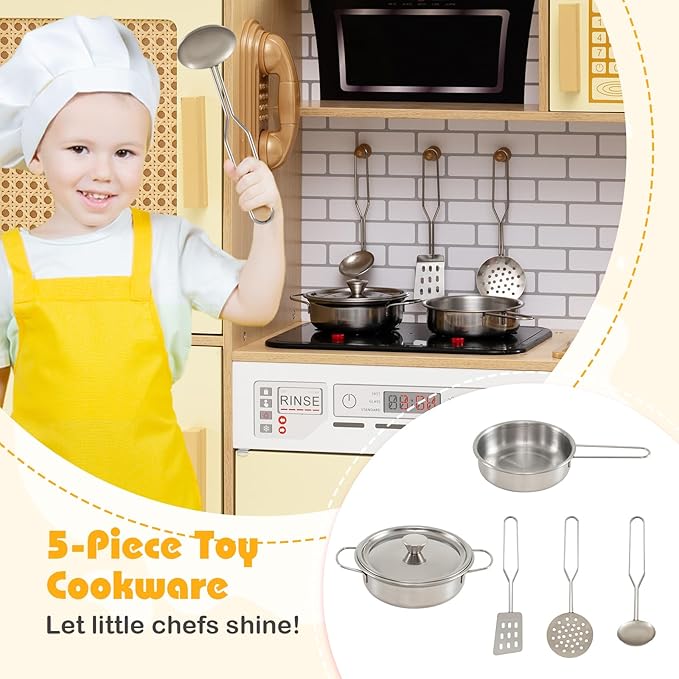 HONEY JOY Play Kitchen, Rattan Design Wooden Toy Kitchen Set for Toddlers, Stove with Lights & Water Dispenser, Range Hood, Cookware, Pretend Play Kids Kitchen Playset, Gift for Boys Girls (Yellow)