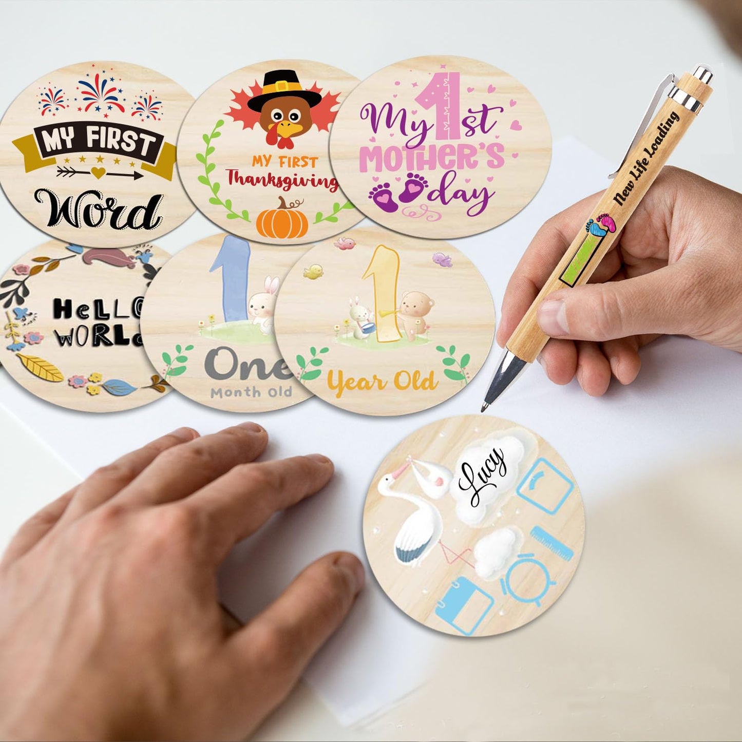 42 Designs First Year Milestones,Wooden Baby First Holiday Signs,Baby Monthly Milestone Photo Props for Newborn to Age 1,Pregnancy Baby Shower Cards (First Holiday Milestone)