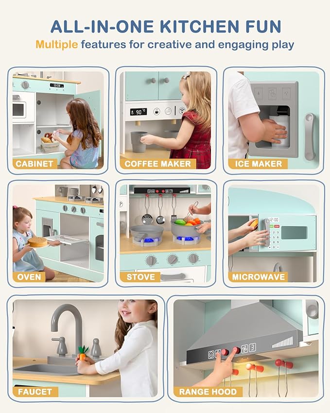 Babytronic Wooden Play Kitchen Set, Pretend Play Kitchen with Lights and Sounds for Kids Ages 3+, Includes Stove, Oven, Microwave, Coffee Maker, and Accessories, Toy Kitchen Set for Toddlers (Blue)