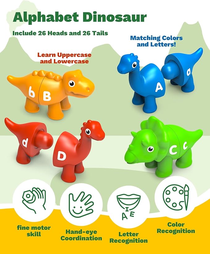 26PCS Dinosaur Alphabet Learning Toys for 18M+, Montessori Educational Toys for 3 4 5 Year Old, Toddlers Preschool Activities Fine Motor Toys for Boys, Double Sided ABC Matching Game