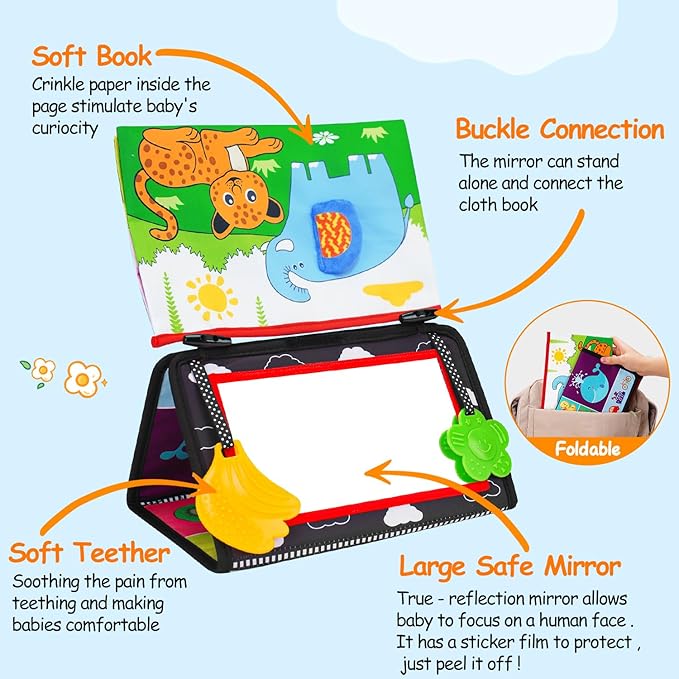 Baby Mirror Tummy Time Toys 0-6 Months with Crinkle Cloth Books Infant High Contrast Newborn Sensory Black and White Toy for 0-3 4 5 6 Months Must Haves Babies 3-6 6-12 Month Boy Girl