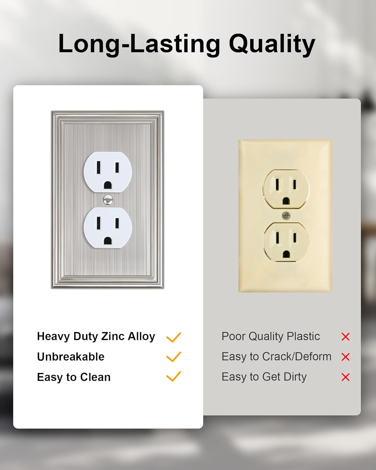 4-Pack Duplex Outlet Cover, Durable Solid Zinc Alloy Decorative Switch Plates and Outlet Covers, Brushed Nickel Wall Plates for Electrical Outlet, 1 Gang Receptacle Cover, Corrosion Resistant