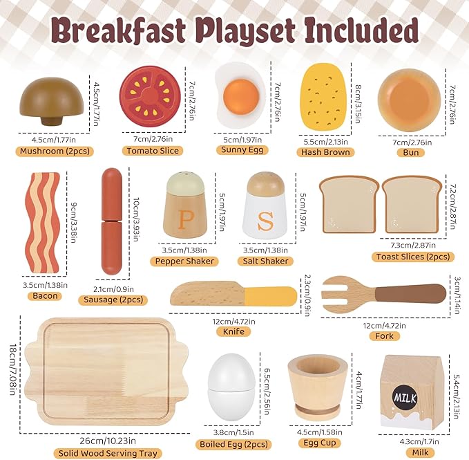 Airlab Toy Food for Toddler 3-5 Pretend Play Kids Kitchen Playset Breakfast Cutting Food Girl Boy Birthday Gift Age 3 4 5 6 Year Old Wood Educational Toys Kitchen Accessories