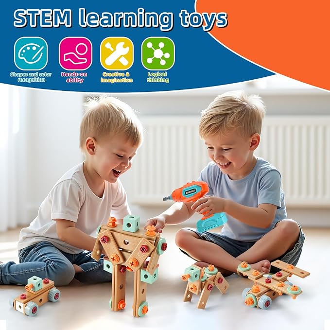 Kids Tool Set with Drill,120Pcs Toddler Tool Set with ToolBench,Montessori Toy for 2+Year Old,Educational STEM Construction Toys for Ages 2-4,Pretend Play Toddler Toys 3-5 Year Old Birthday Gift