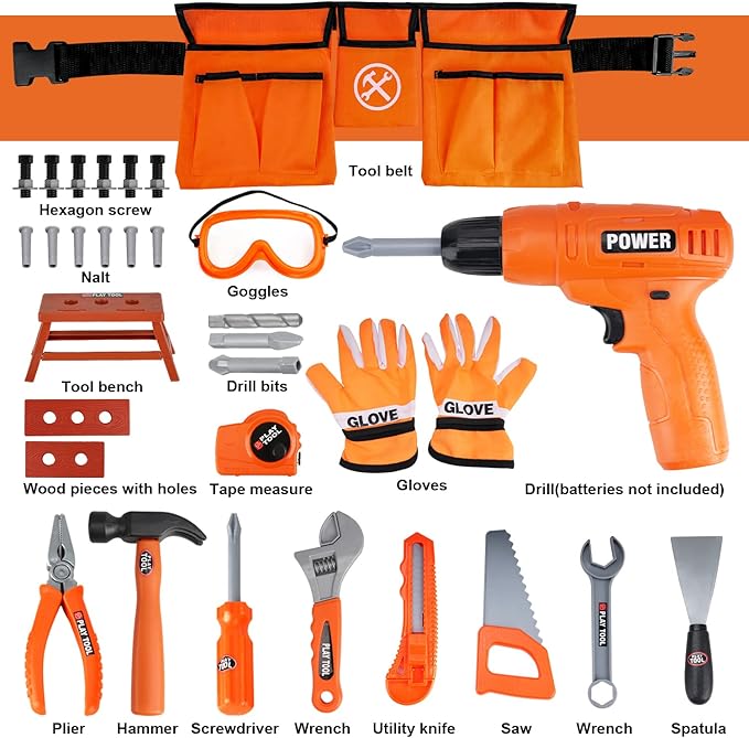 TOY Life Kids Tool Set for Boy Ages 4-6 with Belt, Toddler Tool Set with Drill, Kids Construction Toys, Learning Kit for Home DIY and Woodworking
