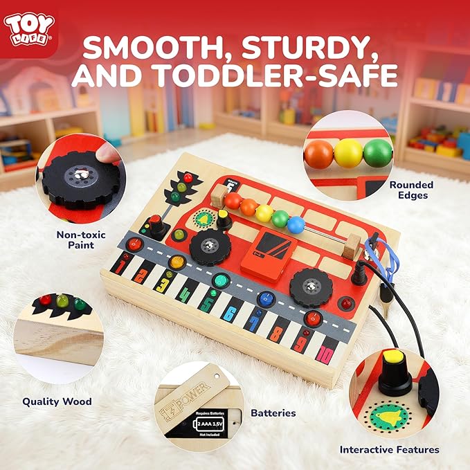 TOY Life Montessori Busy Board, Wooden Bus Sensory Board Toys for Toddlers with LED Light Up Switchs, Baby Fidget Boards Travel Toys, Christmas Birthday Gifts for 1+ Year Old Girls Boys