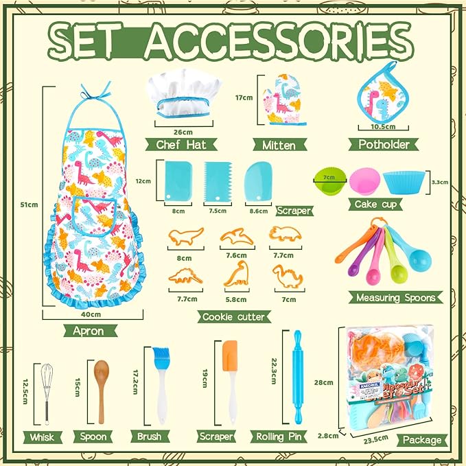 KAEGREEL Kids Baking Chef Set, 26Pcs with Dinosaur Apron & Hat Role Play Cooking Chef Cooking Dress Up Toys, Pretend Play Kitchen Toys Gifts for Boys Girls Aged 3-8