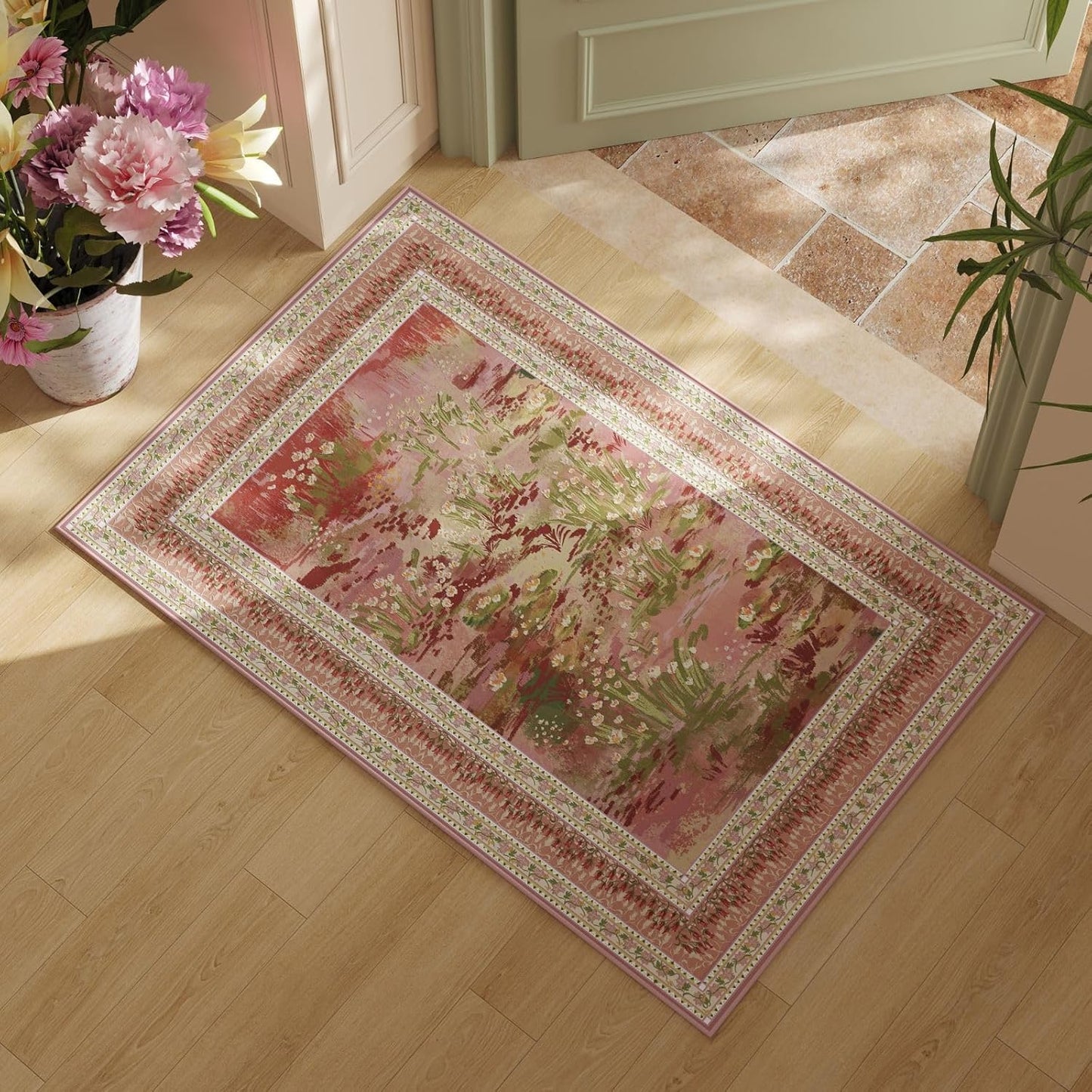 2x3 Rug Impressionist-Style Vintage Indoor Door Mat Machine Washable Small Area Rug Non-Slip Low Pile Throw Rugs for Entryway Kitchen Front Door Indoor Entrance Entry Kids Room, Pink