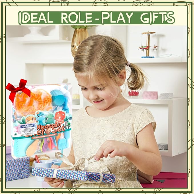 KAEGREEL Kids Baking Chef Set, 26Pcs with Dinosaur Apron & Hat Role Play Cooking Chef Cooking Dress Up Toys, Pretend Play Kitchen Toys Gifts for Boys Girls Aged 3-8