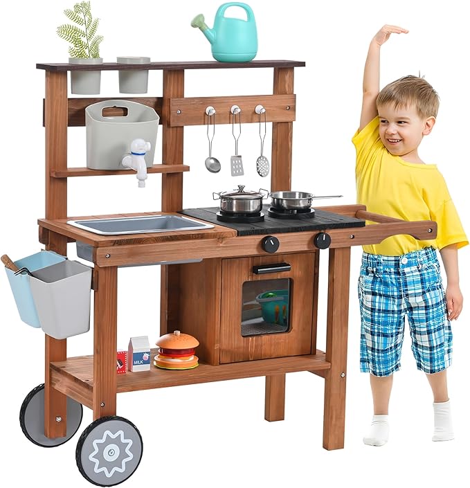 OLLIKIVI Mud Kitchen for Kids Outdoor, Wooden Play Kitchen with Removable Sink, Faucet, Storage Shelves, Backyard Garden Toddler Kitchen Playest, Kitchenware, Stove, Gift for Boys and Girls