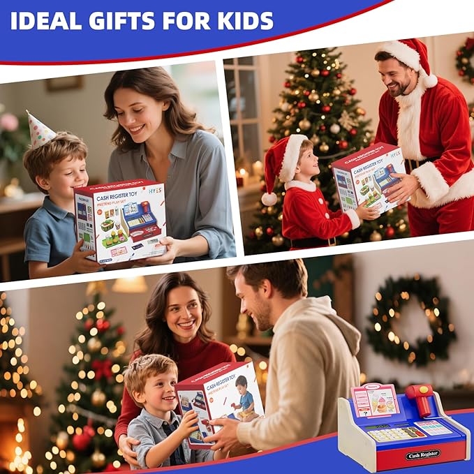 Wooden Cash Register for Kids, Rechargeable Pretend Play Supermarket & Fast Food Restaurant, Teen Cash Register with Play Money, Toy Food, Toddler Learning Toys for Kids Boy & Girl Age 3-5, Blue