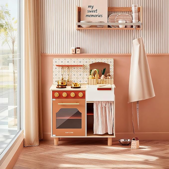 Tiny Land Play Kitchen, Kids Kitchen Playset, Toddler Kitchen with Cutting Food Set, Wooden Kitchen Sets for Kids, Gift for Girls and Boys