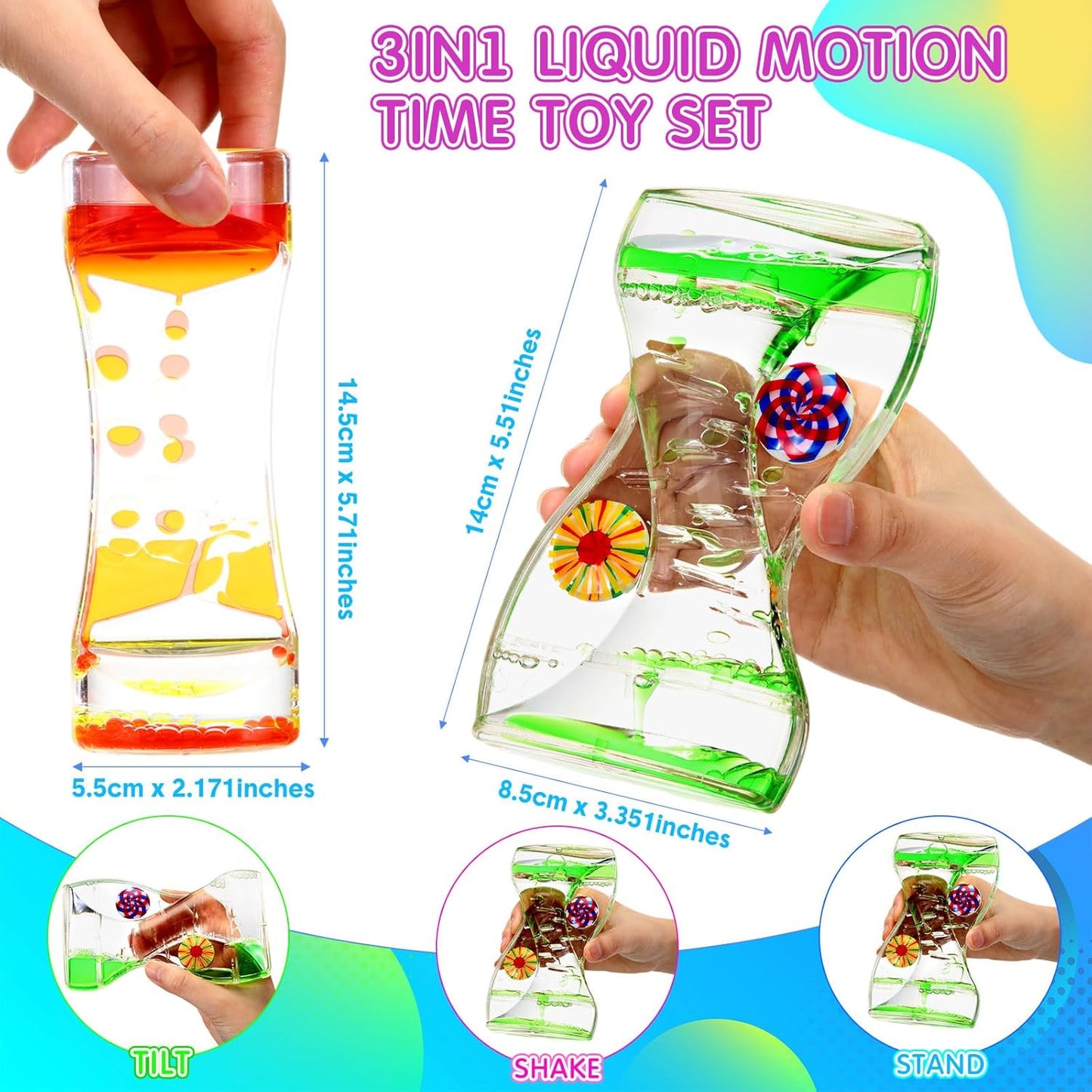 10 Pack Liquid Motion Bubbler Timer for Kids and Adults, 2 Types Calming Fidget Toy Colorful Hourglass Desk Decor Timer Oil Water Liquid for Adhd Anxiety Autism Sensory Play Classroom Prize