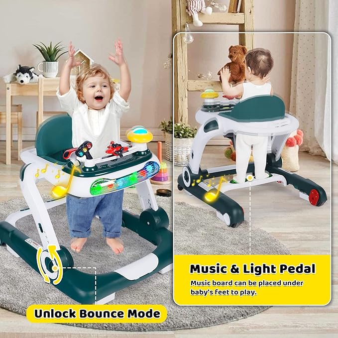 6 in 1 Baby Walker, Baby Activity Center for Toddler, Walker Rocker Bouncer w/Adjustable Height Speed, Learning-Seated & Walk-Behind, Infant Walker w/Feeding Tray & Music Toys, Green