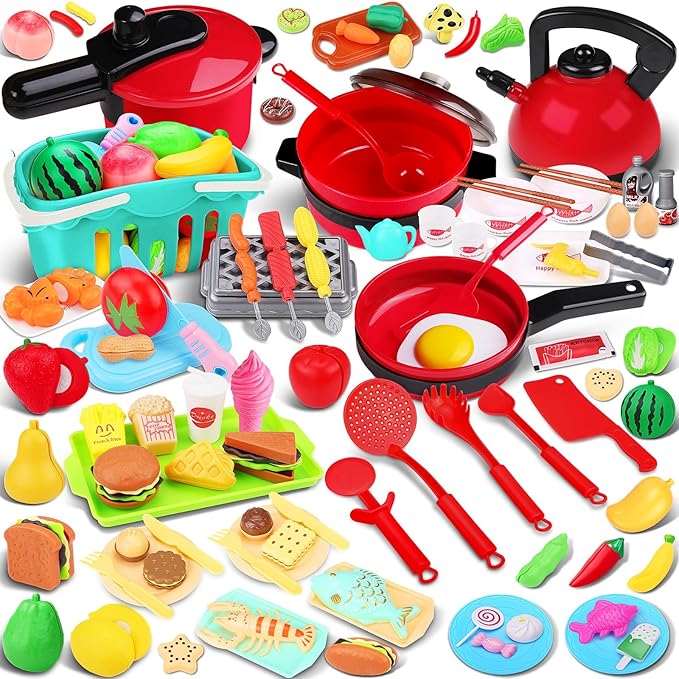 134 Pcs Toy Kitchen Accessories, Toddler Pretend Cooking Toys with BBQ Grill, Pressure Cooker, Kettle, Pots, Pans, Kitchen Playset for Cutting Play Food, Learning Gift for Girls Boys