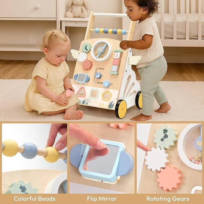Wooden Baby Walker, Baby Push Walker, 8-in-1 Nature Activity Center, Adjustable Speed Montessori Walker Toy with Activity Center Toys for Boys Girls 1 2 3 Year Old