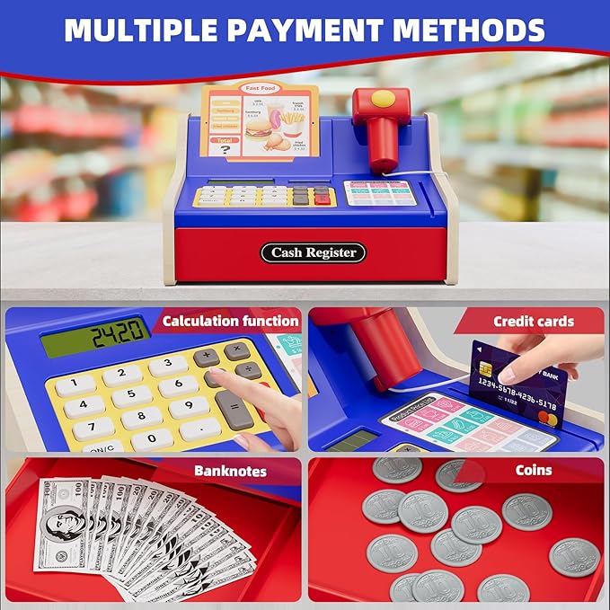 Wooden Cash Register for Kids, Rechargeable Pretend Play Supermarket & Fast Food Restaurant, Teen Cash Register with Play Money, Toy Food, Toddler Learning Toys for Kids Boy & Girl Age 3-5, Blue