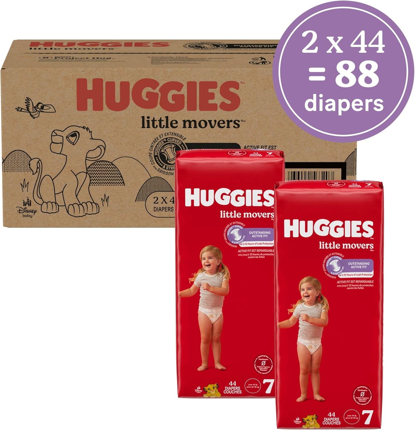 Huggies Size 7 Diapers, Little Movers Baby Diapers, Size 7 (41+ lbs), 88 Count (2 Packs of 44), Packaging May Vary