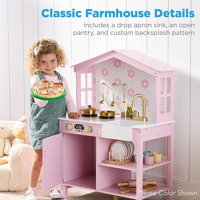 Best Choice Products Pretend Play Wooden Farmhouse Kitchen Set for Kids w/Toy Storage, Clicking Knobs, Windows, 5 Accessories Included - White/Black