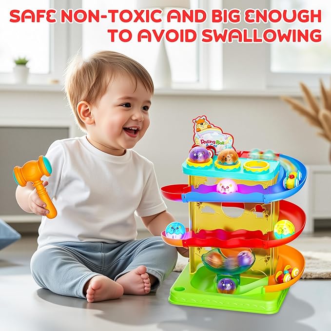 2-in-1 Rolling Ball & Car Ramp Race Track for Toddlers, Hammer Ball Drop Toy for Boys & Girls, Interactive Toys w/Sensor Lights - Montessori STEM Learning Toys - Brithday Gift for Kids 1-5+ Year Old