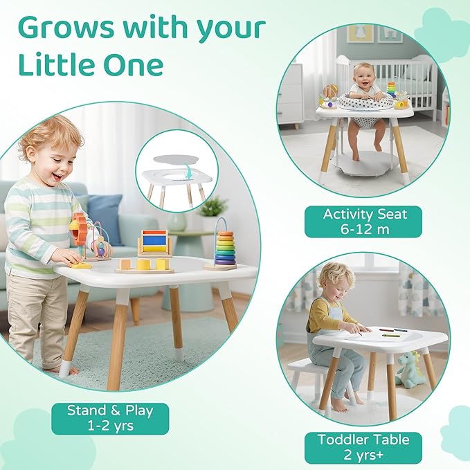 Kizfarm Baby Activity Center, Montessori-Inspired Baby Bouncer with 7 Interactive Toys, 360° Rotating Seat, Wooden Jumper, Play Gym & Toddler Table for Ages 6-36M, Must-Have Shower Gifts