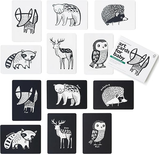 Wee Gallery Art Cards for Baby, Durable High Contrast Black and White Animal Flashcards for Newborns, Brain Development, Sensory Toys, Tummy Time Essentials for Infant and Toddler - Woodland Animals