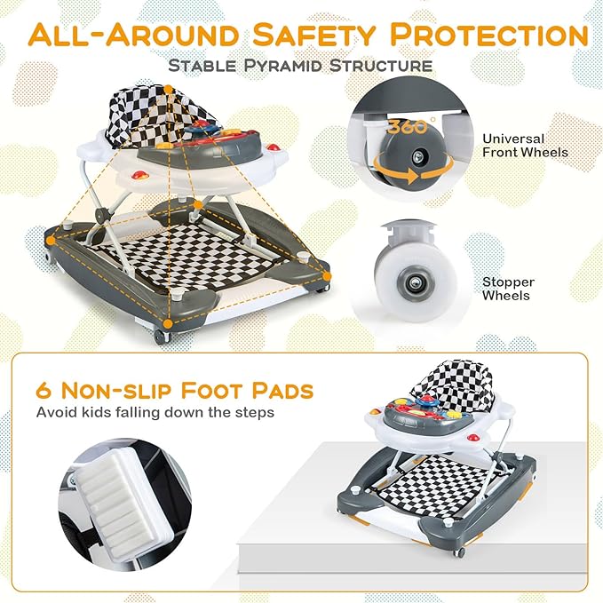 BABY JOY 6-in-1 Baby Walker, Foldable Baby Walker with Wheels, Adjustable Height, Music, Lights, Bouncer & Rocker Mode, Baby Walkers for Boys Girls 6-14 Months (Gray)